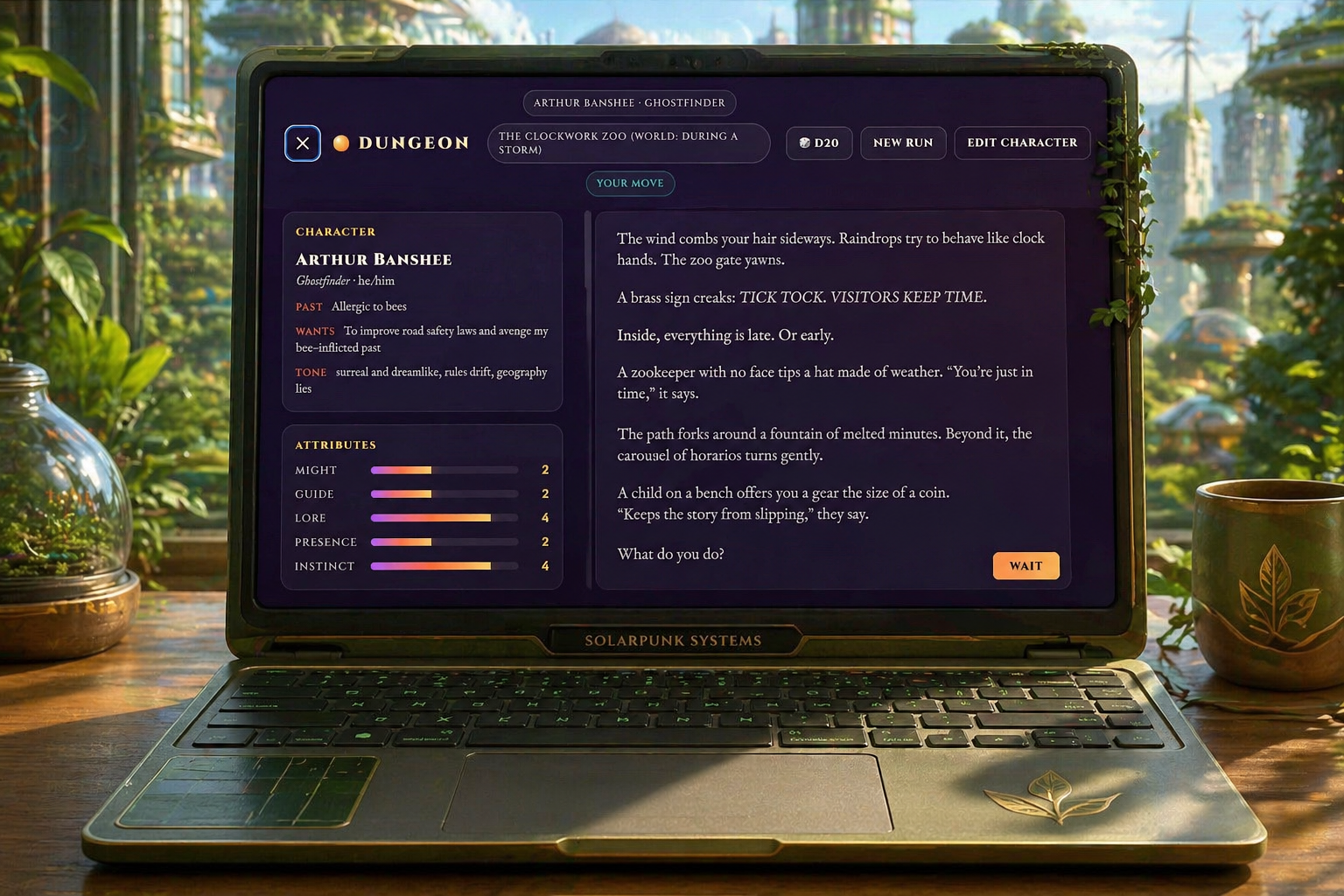 Dungeon shown on a solarpunk laptop screen